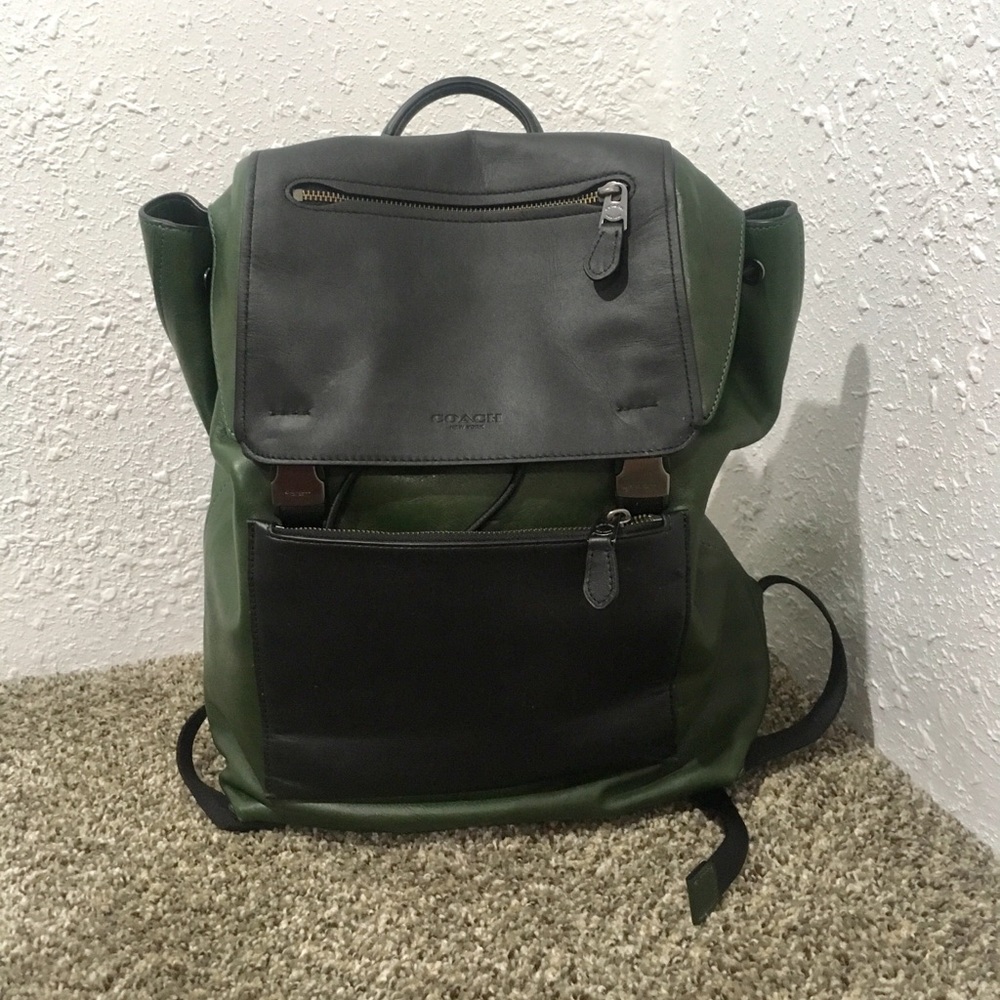 Coach Black & Green Leather Backpack,
